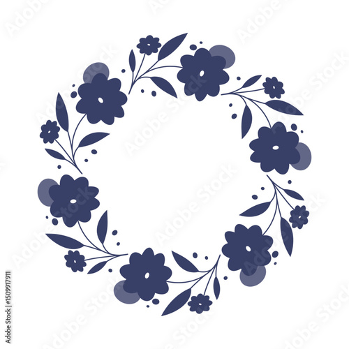 A circle of blue flowers and leaves. The composition of the image is a round floral wreath placed on a white background.