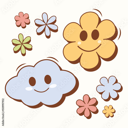 A funny and whimsical illustration featuring a smiling cloud and a happy flower, both have cute facial expressions. A design surrounded by bright colors for decorating children's decor.