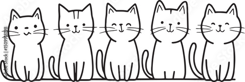 Cute Cartoon Cat Line Drawing. Black and White Kawaii Kitten Vector Illustration for Coloring and Print