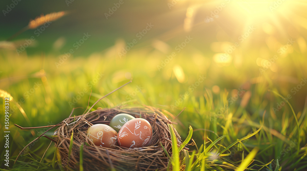 Obraz premium Three painted easter eggs in a birds nest celebrating a Happy Easter on a spring day with a green grass meadow and blurred grass foreground and bright sunlight background with copy space
