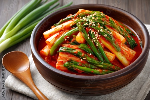 Pa kimchi or scallion kimchi, a traditional korean dish, being served in a wooden bowl