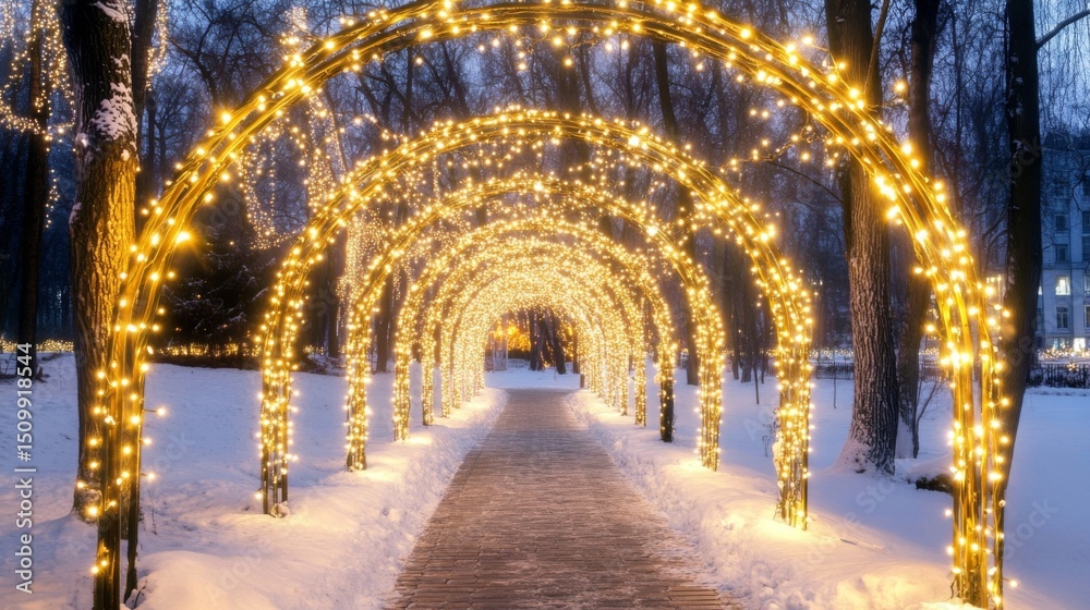 Fototapeta premium Snow-covered path in a park illuminated by holiday lights, leading toward a distant, warmly lit New Years Eve scene surrounded by peaceful nature