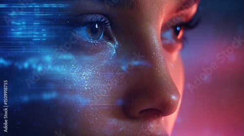 Digital Twin Human Face Made of Glowing Particles and Geometric Lines with Big Data and Holographic Elements

