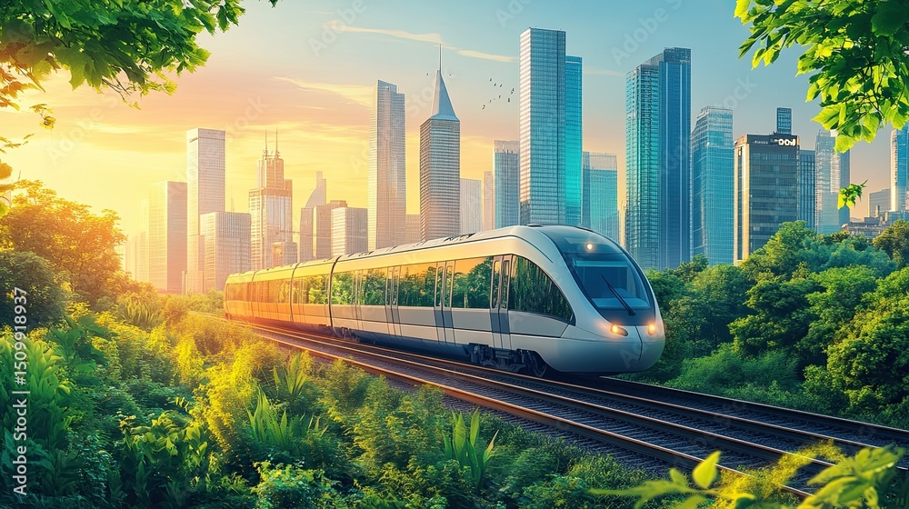 Naklejka premium A sleek modern train journeying through lush greenery towards a vibrant city skyline at dawn bathed in warm sunlight and