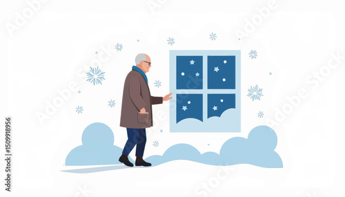Elderly man contemplating cold window with snowflakes, winter symbolism