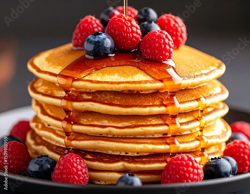 Stacked pancakes topped with berries and syrup photo