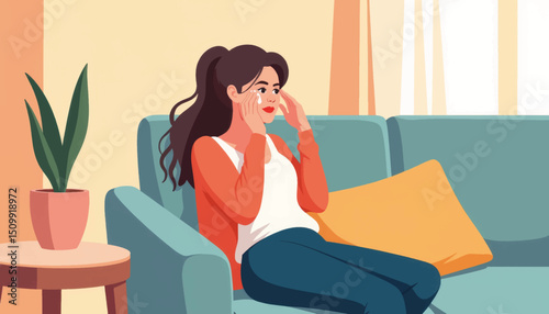 Sad woman wiping tears on couch at home, emotional expression