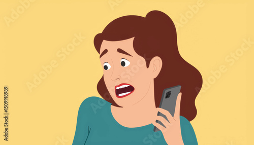 Woman in panic checking phone against yellow background, digital anxiety