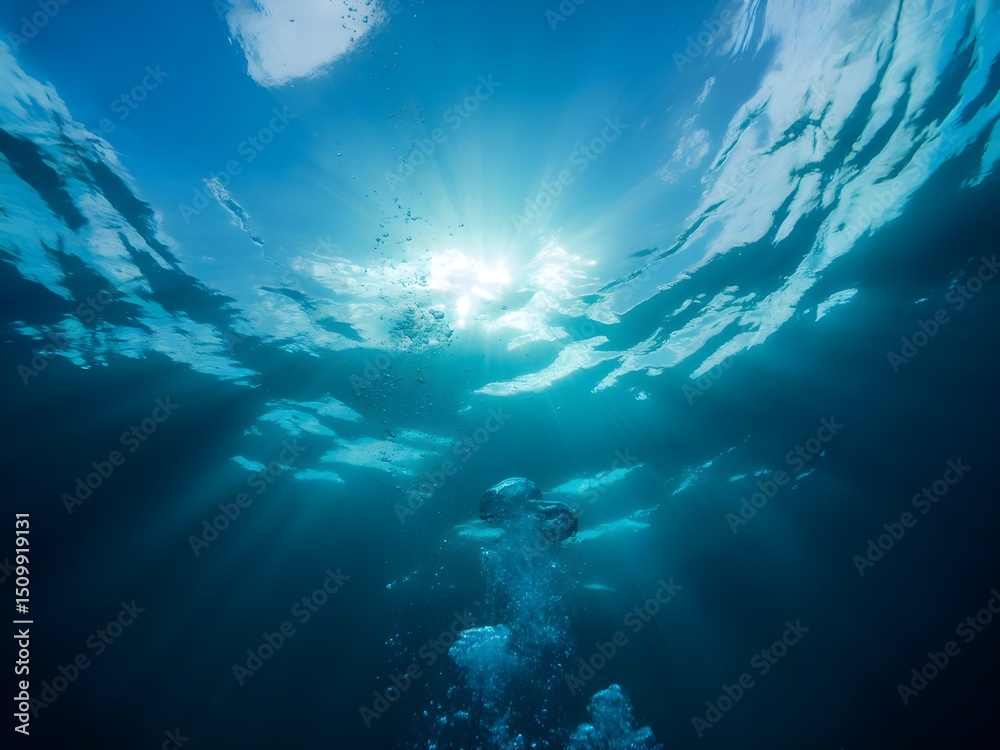 Obraz premium Underwater view of sunlight streaming through the ocean surface
