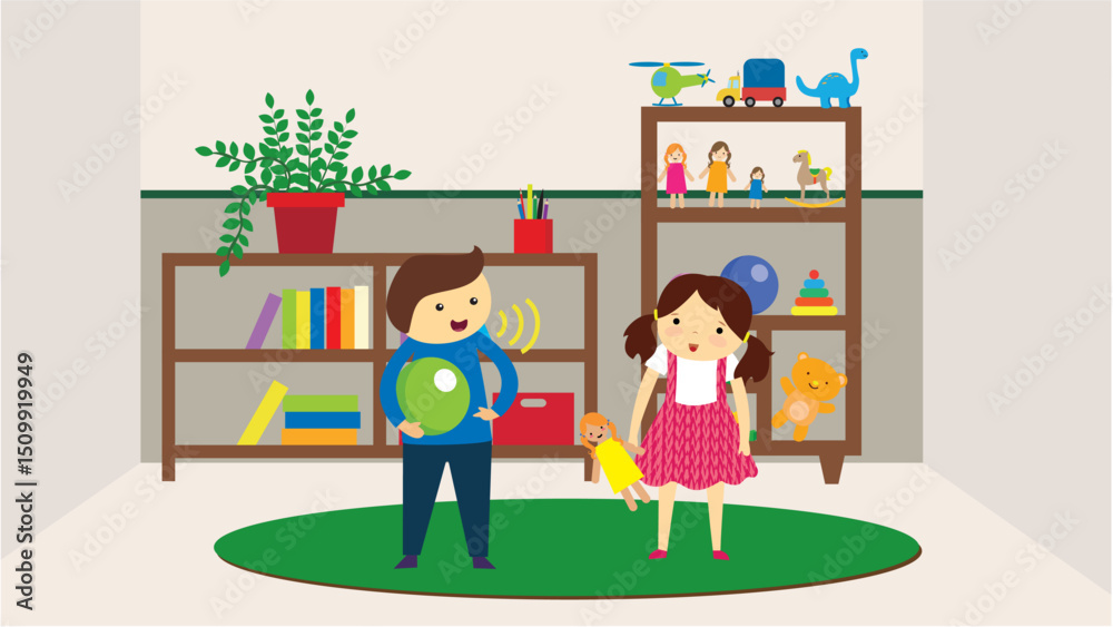 Children playing with toys in the room. Vector illustration in flat style Children playing with toys in the room. Vector illustration in flat style