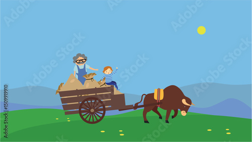 Old woman and child riding a cart with haystacks. Vector illustration