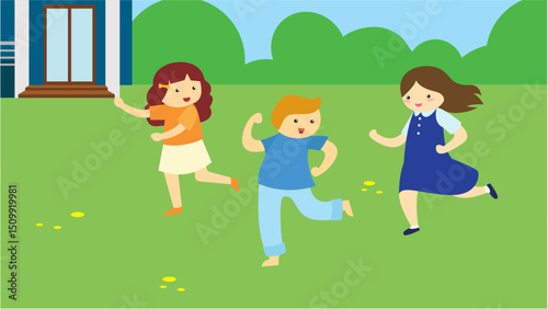 Mother and son playing in the sandbox in the yard. Vector illustration
