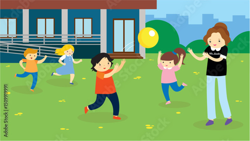 Children playing in the park. Vector illustration in flat cartoon style.