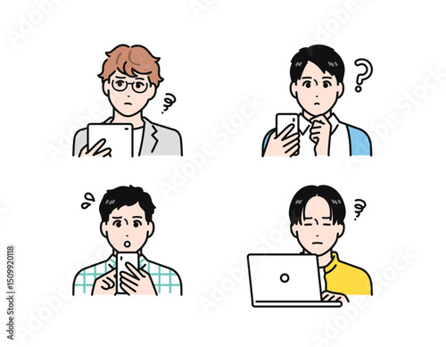 スマホ・タブレット・ノートパソコンを見て困る若い男性のシンプルなベクターイラストセット