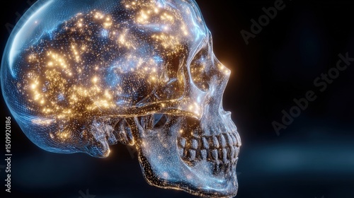 Close-Up of AI Chip Implant Inside Transparent Human Skull with Glowing Microcircuits and Electric Light Reflections