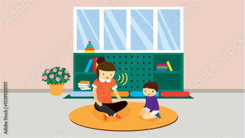 Mother and son doing yoga together in the room. Vector illustration.