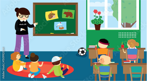Teacher and pupils in the classroom. Vector illustration in flat style