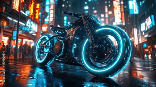 A futuristic motorcycle glides through a vibrant cyberpunk city street radiating electric blue light on wet asphalt