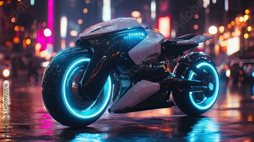 A futuristic glowing motorcycle speeds down the neon city streets evoking a sense of exhilaration and adventure