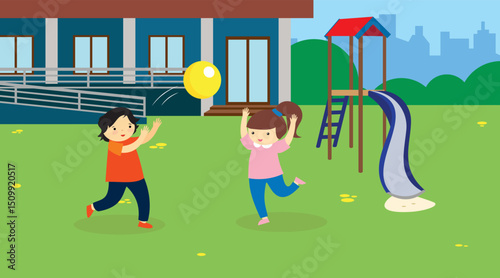 Children play in the playground. Vector illustration in flat cartoon style.