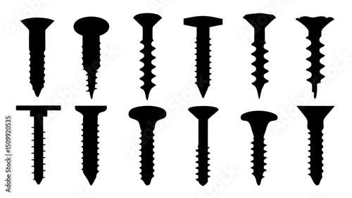 Set of black various screws vector silhouette