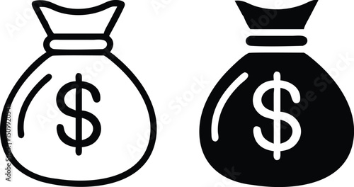 Money Bag Icon with Dollar Sign in Black and White Outline Style