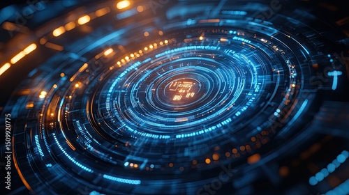 Decoding the future A mesmerizing circuit board vortex glowing with blue innovation orange energy signals in a dark