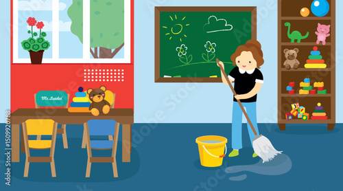 Children's room with a girl cleaning the floor. Vector illustration.