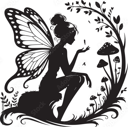 Silhouette of a Seated Fairy with Butterfly Wings Fantasy Vector Illustration