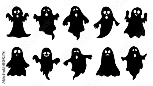 set of halloween ghosts silhouette vector on tranparent background