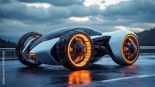 A futuristic race car poised for high speed thrills gleaming on a wet track under a dramatic sky with glowing wheels and