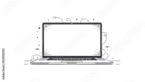 Open laptop illustration with decorative elements, digital technology concept, copy space