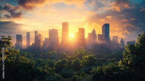 A majestic skyline kiss d by th dawn s mbrac wh r urban dr ams ris abov lush for sts und r a brilliant sun mbracing hop