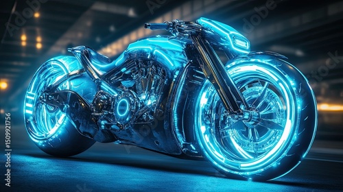 A futuristic neon motorcycle shimmering with electrifying energy poised for a midnight ride into the neon lit city with