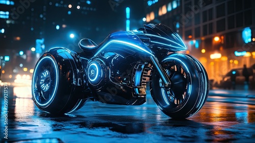 A futuristic motorcycle glowing with vibrant neon blue lights parked on a wet city street at night with cinematic