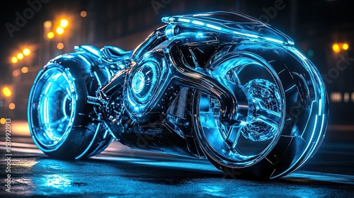 A futuristic motorcycle glowing with neon blue light poised for a thrilling race into the night with reflections on wet