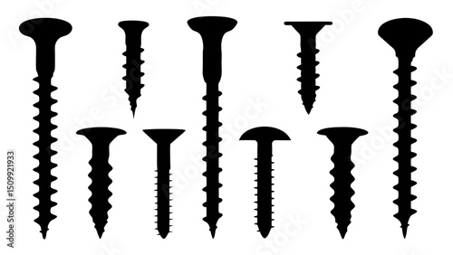 Set of black various screws vector silhouette