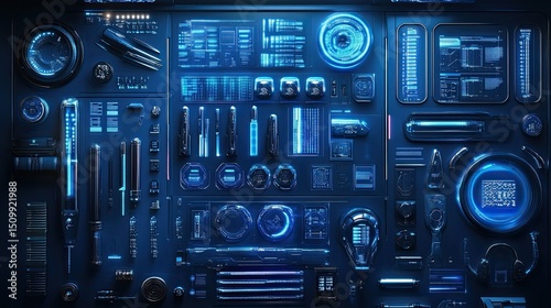 Glimpse into a futuristic spaceship control panel with glowing cyan lights a symphony of advanced technology and dark
