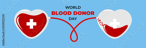 World Blood Donor Day. Blood, heart and plus icon. Great for cards, banners, posters, social media and more. Blue background.
