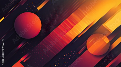 Striking modern art with bold spheres dancing amongst vibrant diagonal lines a bold geometric art piece with warm hues