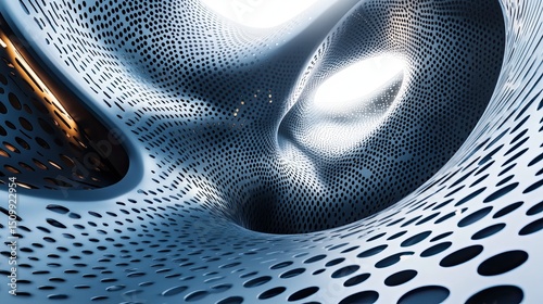Captivating metallic artwork evokes a sense of flowing movement embodying technological grace with its complex