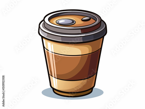 A realistic vector of a takeaway coffee cup with a plastic lid and sleeve, isolated on a white background