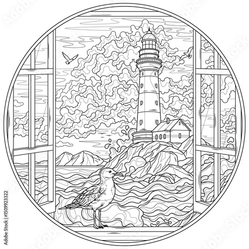 Seagull on the windowsill.View from the window to the lighthouse in the sea.Coloring book antistress for children and adults.	