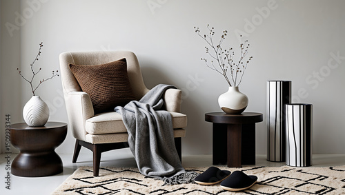 Modern interior design with beige armchair, pillows, blanket, vases, and carpet