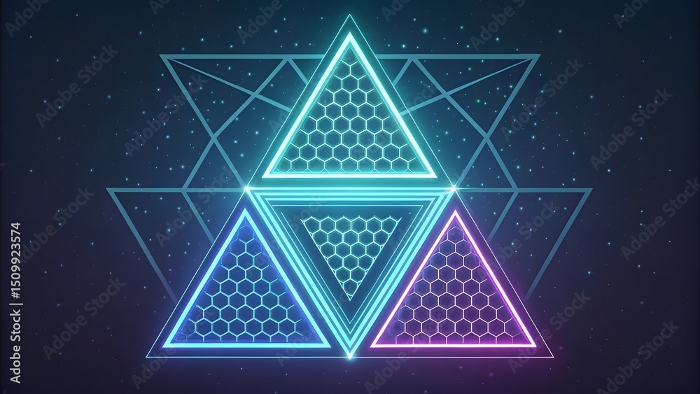 Obraz premium Three glowing triangles stacked against a starry background with geometric line art overlayed behind