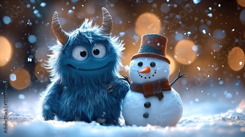 A charming blue monster embracing a snowman during a gentle snowfall filled with holiday cheer and friendship under soft