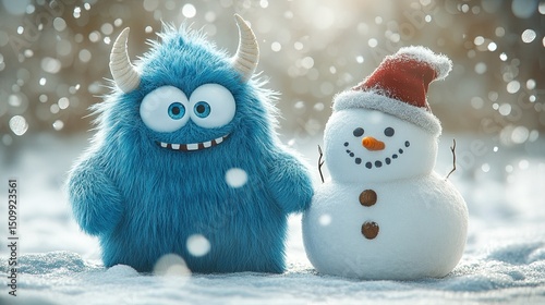 A cheerful blue monster embracing winter joy alongside a snowman adorned with a festive hat in a snowy wonderland with