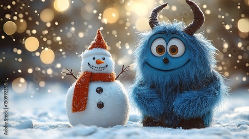 A whimsical snowman and a fluffy blue monster embrace winter joy in a snowy wonderland sparkling with holiday cheer and