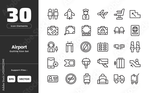 Airport Icon Set Collection - Outline Line Art Style. Containing Toilet, Airplane, Pilot, Airplane, Airplane Seat, Escalator, Luggage, Luggage Search, Baggage Claim, Locker, Waiting Room, Passport.