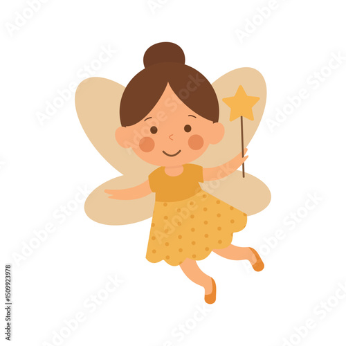 Flat vector illustration in children's style. Cute flying fairy with a magic wand.